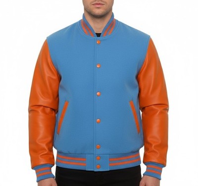 Varsity Letterman Bomber Sky Wool & Orange Leather Retro College Baseball Jacket