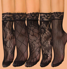 5 Pairs Womens Lace Fishnet Ankle Socks Black Floral Sheer Mesh Short Stockings
