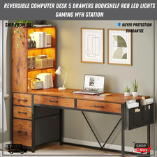 Reversible Home Office Desk w/led Lights Computer Desk with 5 Drawers Bookshelf