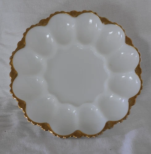 Vintage Anchor Hocking Fire King Milk Glass with Gold Trim Deviled Egg Plate
