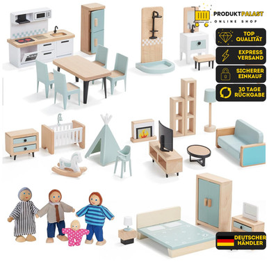 Holzpuppenhaus Möbel Set 36 Teile 5 Zimmer 4 Puppen Spielzeug für Kinder