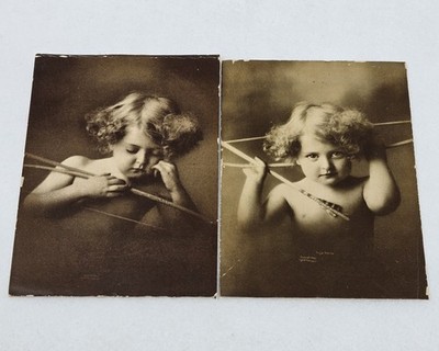 LOT OF 2 ANTIQUE CUPID ASLEEP & AWAKE TABER PRANG ART CO. PHOTO VALENTINE