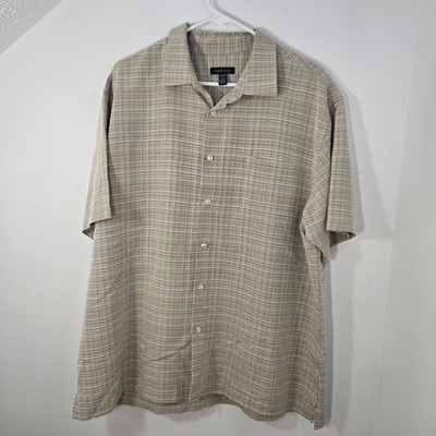 Van Heusen Mens XL Short Sleeve Button Down Shirt Tan Plaid Grid Camp Collar