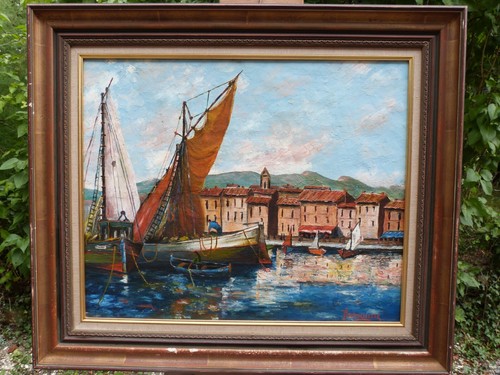 J. LAVAISSIERE Marine, Port en Méditerranée Tableau Huile sur toile signé - Picture 2 of 9