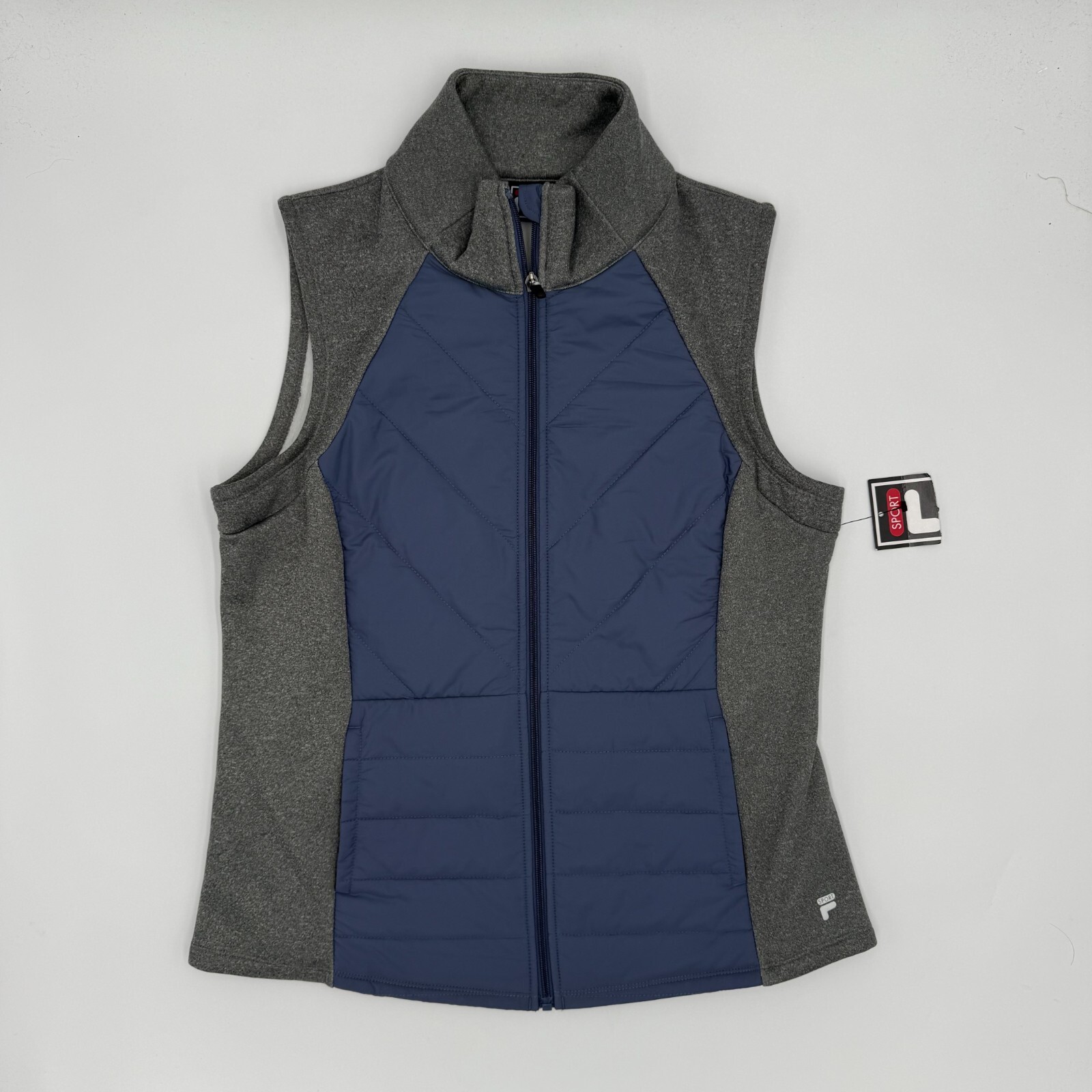 FILA Gilet Sportivo Donna XL Grigio Blu Senza Maniche Trapuntato Logo Atletico Full Zip