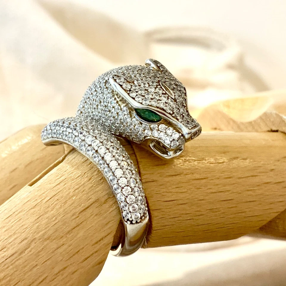 7码白金镀925银声明粗豹绿色眼睛戒指  — 第 2/4 张图片