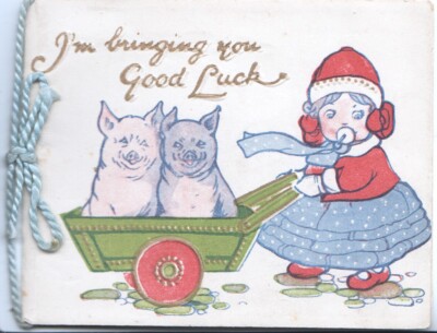 Girl sucking on soother, two pigs in cart, artist ATTWELL, Tuck, Christmas 1910