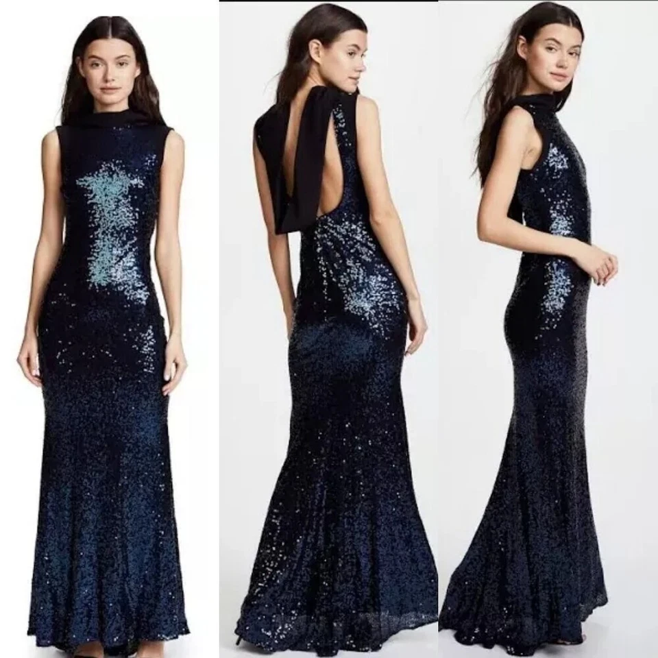 NUEVO CON ETIQUETAS BADGLEY MISCHKA Maxi Vestido Azul Largo 2 XS Lentejuelas Capucha Drapeado $995 Foto 3 de 4