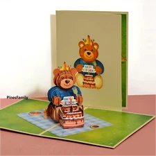 F08-3D Pop-Up Birthday Card: Cute Brown Bear Birthday Celebration