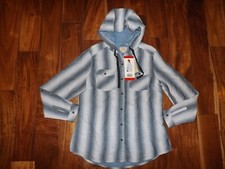NWT Womens BOSTON TRADERS Blue Striped Button Front Hooded Shirt Size M Medium