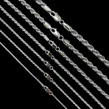 Real Solid 925 Silver W. Rhodium Finish Rope Chain 1.5-6mm Necklace Mens Ladies