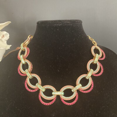 J. Crew Pave Pink Green Contrast Chunky Oval Links Gold-Tone Necklace