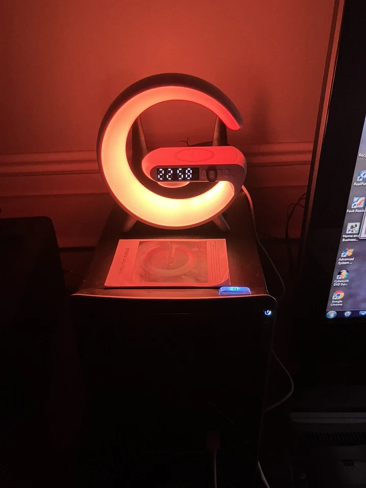 Google Alarm Clock Bluetooth Speaker Atmosphere Light Cordless Phone Charger WHT - Image 4 of 4