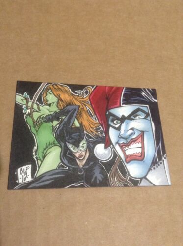 CAT WOMAN/POISON IVY/HARLEY QUINN PSC SKETCH CARD BY CHRIS FOREMAN DC ACEO BATMA - Afbeelding 1 van 2
