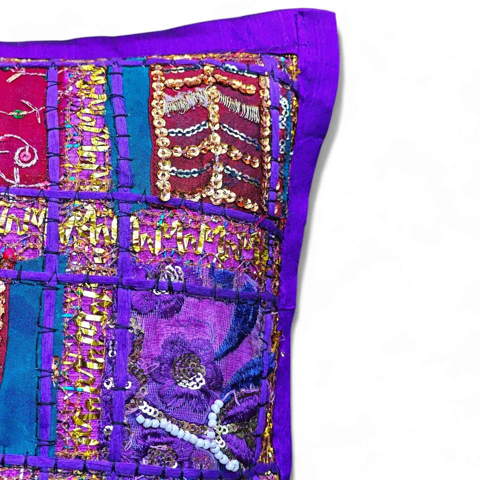 Handmade Indian Patchwork Decorative Cushion Cover - 16"x16" Boho Throw Pillow - Image 2 of 4
