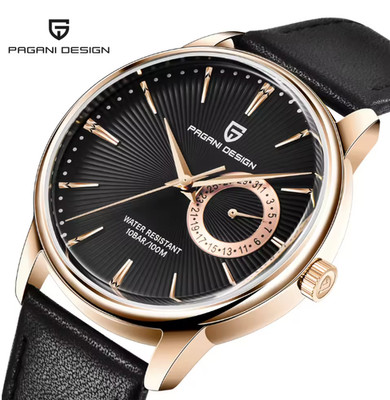 PAGANI DESIGN PD-1654 Leather Strap Watch 100M Waterproof Gold/Black NEW