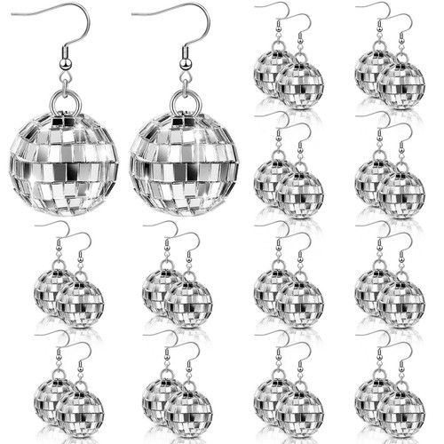 12 Pairs Women Disco Ball Earrings 60's Mirror Ball Earrings Silver 70's Outf...