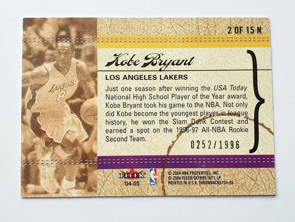 KOBE BRYANT 2004-05 Fleer THROWBACKS NOSTALGIA #2N /1996 - NBA Card Lakers HOF - Image 2 of 4