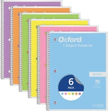 Wide Ruled Spiral Notebooks, Pastel Colors, 6 Pack, 70 Sheets Each