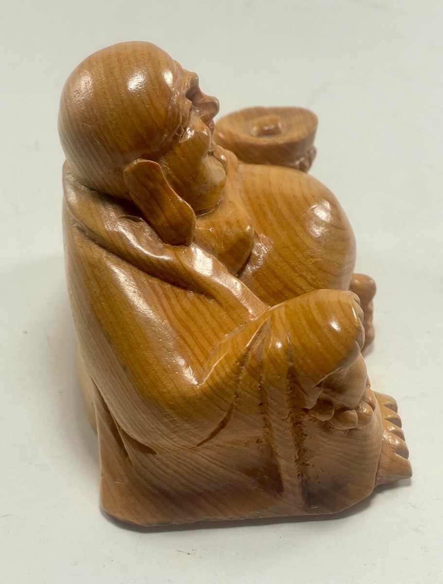 Vietnamese Laughing Wooden Hand Carved Buddha Desk Statue 4 1/2