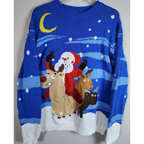 Joyin Ugly Christmas Sweater Santa Riding Reindeer Blue XL