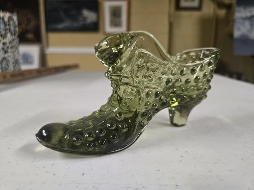 Vintage Fenton Glass Shoe - Olive Green - 5-5/8"l - Art Glass