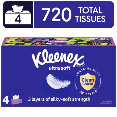 Kleenex Ultra Soft Facial Tissues, 4 Flat Boxes, 180 Tissues per Box, 3-Ply