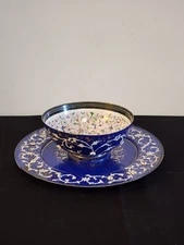 Persian Blue/White Decorative Enamelware Bowl & Plate Set