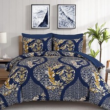 Anibedding Navy Blue Gold Comforter Set King Size, 7 Pieces Bohemian Damask B...