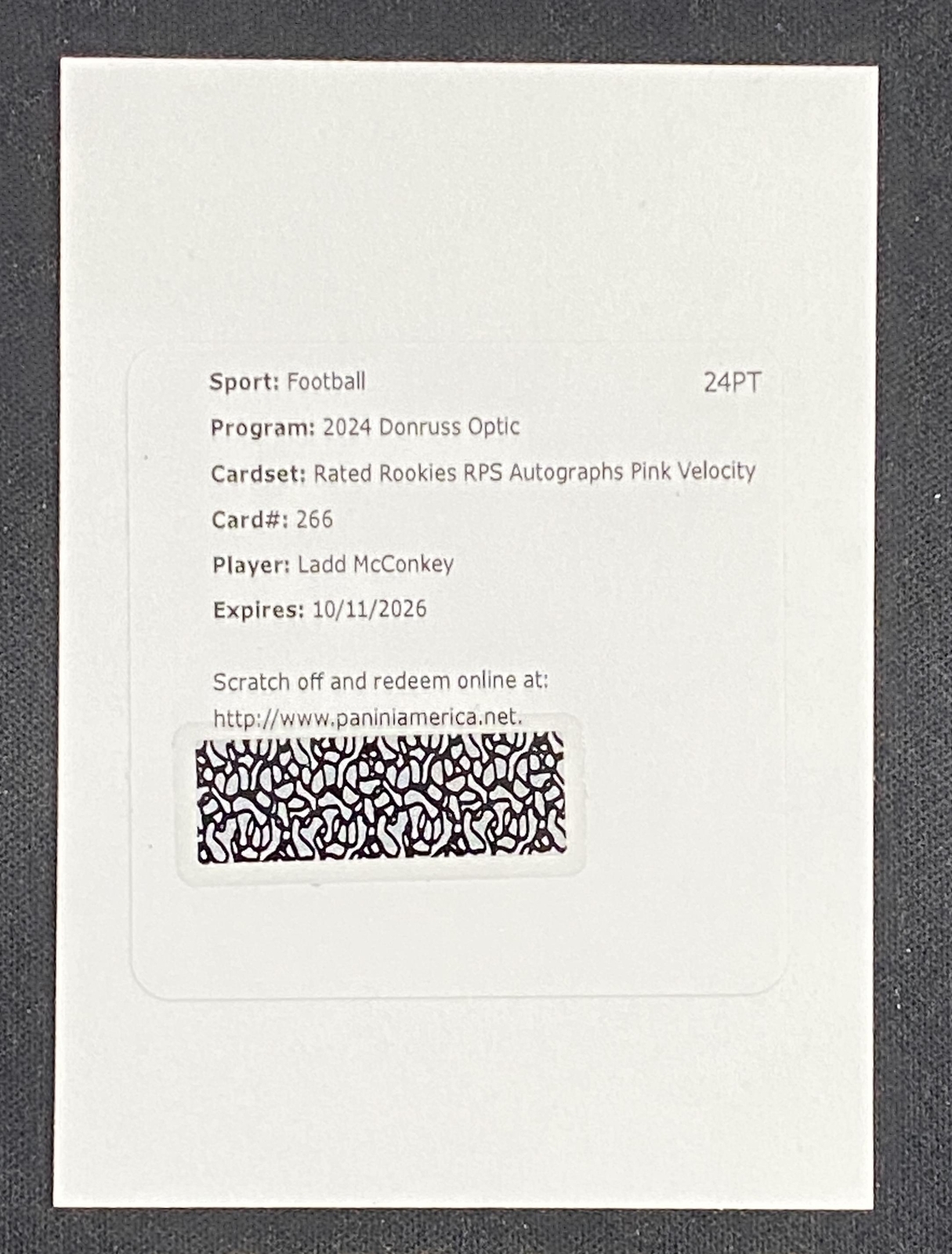 2024 Donruss Optic Ladd McConkey #266 RC Rated Rookie RPS Auto Pink Velocity /50