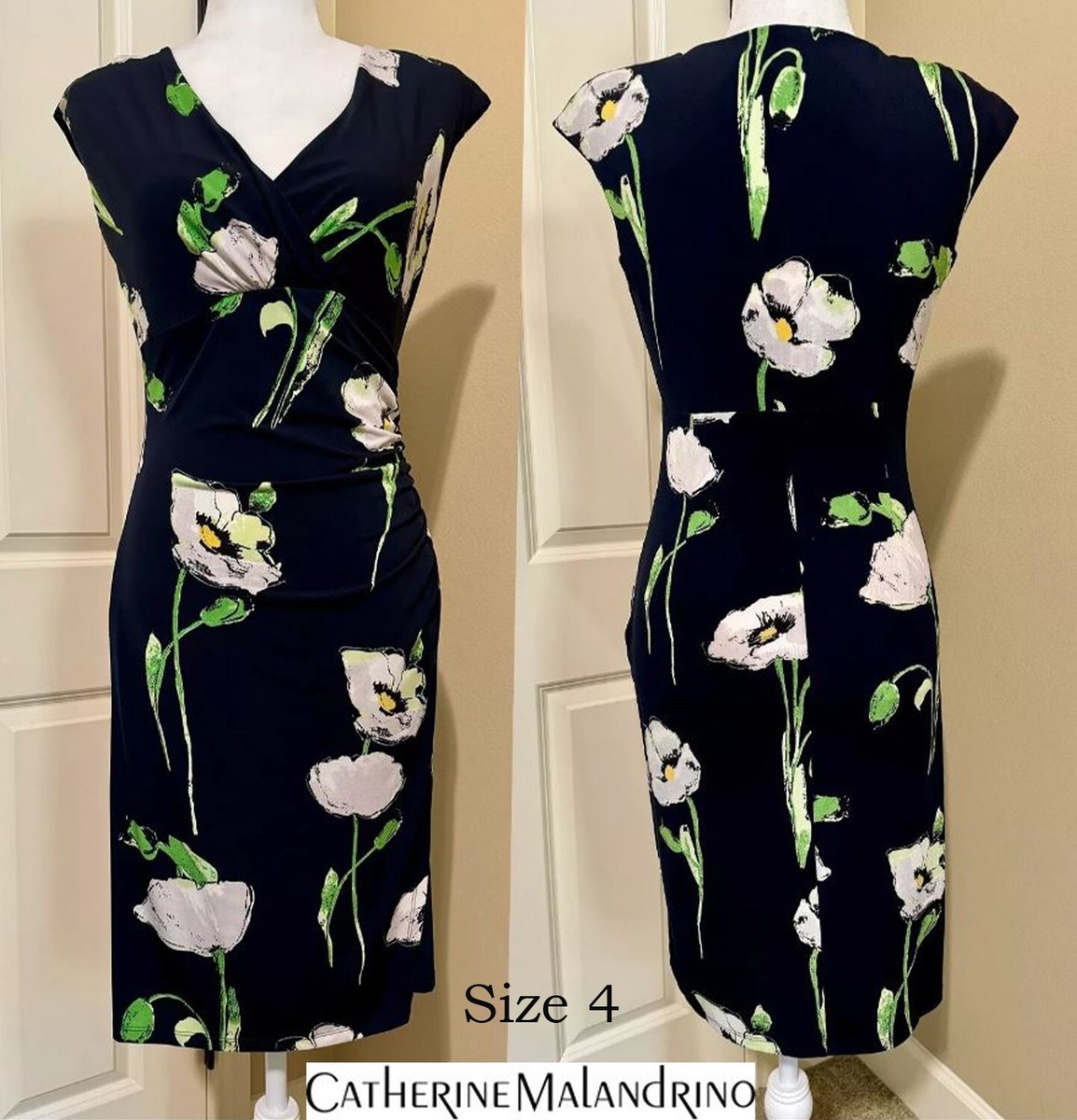 NWT Catherine Malandrino Size 4 Floral Surplice Jersey Dress Navy Ruched