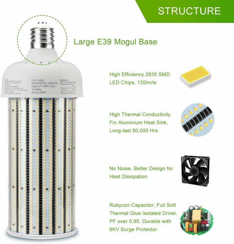 Commercial Supermarket High Bay Fixture Lamp Bulb 200W LED Corn Light E39 AC480V - Picture 2 of 9