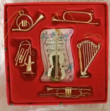 6 Brass Musical Instrument Ornaments Miniature French Horn Trombone Harp Trumpet