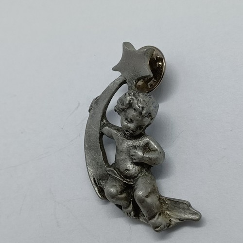 Pewter Cherub Angel Sitting on Crescent Half Moon and Star Pinback Brooch - Picture 3 of 8