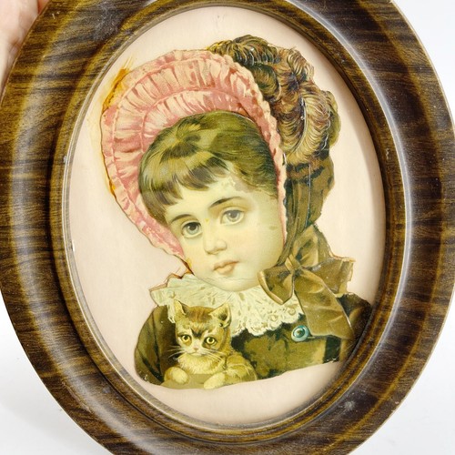Antique Victorian Die Cut Girl with Cat Kitten Hat Bonnet 1880s-1890s Framed - Picture 9 of 9
