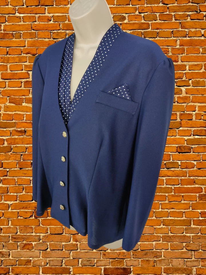 VINTAGE SIZE UK 16 NAVY BLOUSE JACKET TOP SMART BUTTON UP LONG SLEEVE WOMENS - Image 2 of 4