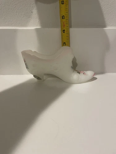 Vintage Fenton White Satin Glass Slipper, Hand Painted, Signed J. Douler