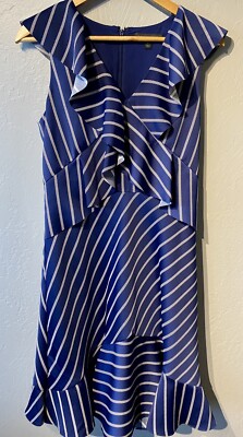 Banana Republic Size 6 Ruffle Hem V Neck Dress Navy Blue Stripe