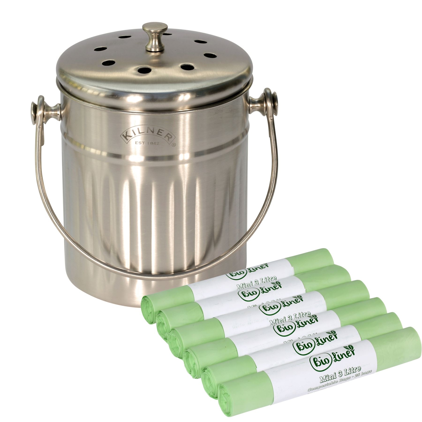 Kilner 2 Litre Stainless Steel Compost Caddy & 150 x 3L Compostable Bags