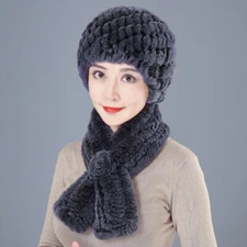 Winter Fur Hat and Scarf Sets Women Real Rex Rabbit Beanies Cap Warm Fluffy Soft