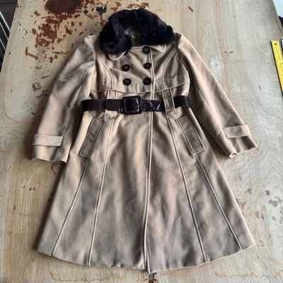 Chloé — Chloe Designer Tan Fur Detachable Collar Wool Cotton Blend Winter Coat Size 6