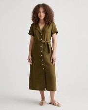 Quince 100% European Linen Button Front Dress Martini Olive Small S