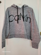Calvin Klein Women's Gray Cropped Hoodie Pullover Sweatshirt Size XL
