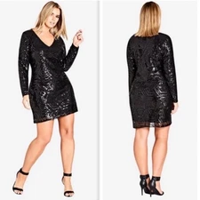 NWT City Chic Bright Lights Sequin Dress XS/14 Black Long Sleeve