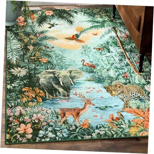 Jungle Print Small Area Rug for Living Room, Soft 3x5 Feet Washable Green