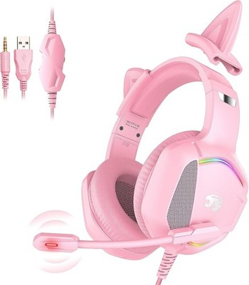 Rosa Gaming Headset mit Katzenohren, 50mm Treiber, Verwicklungsfreies Kabel