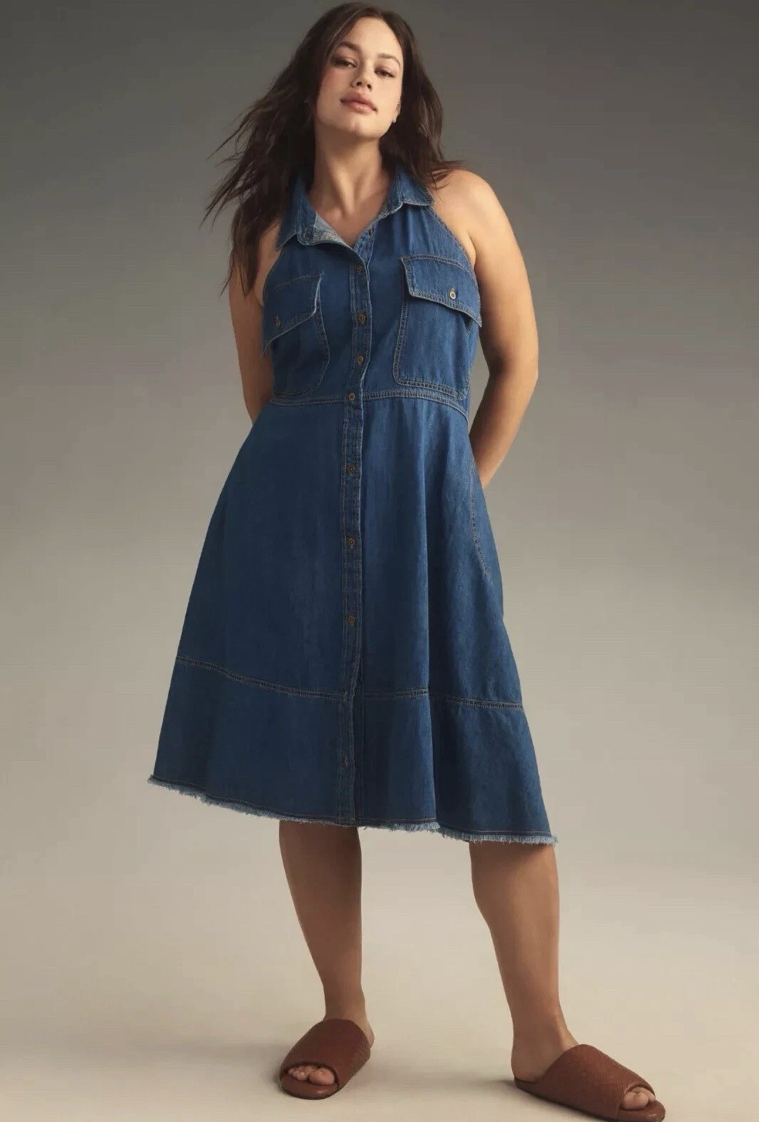 Anthropologie Pilcro Sleeveless Halter Swing Midi Dress 2X Denim Blue Cotton
