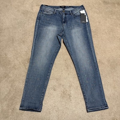 NWT Nine West Slim Boyfriend Jeans 14P Petite Bedazzled Copper Pearl Blue Jewels
