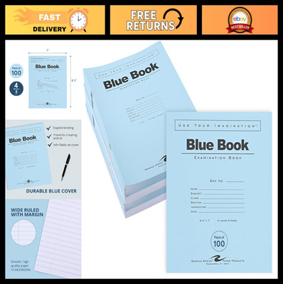100 Exam Blue Books, 8.5'' x 7'', Wide-Ruled Test Booklets, 4 Sheets/8 Pages, USA