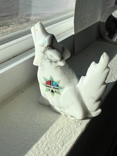 Zuni White Wolf Dog Fetish Cody Nastacio *SIGNED* Alabaster  Inlaid Star 4348